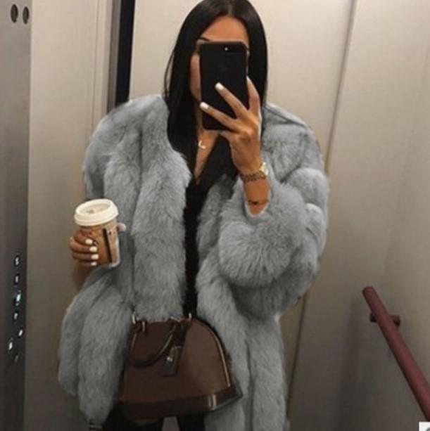 

okkdey Winter women's warm and fashionable luxury round neck slim cardigan long sleeve fashion faux fur temperament ladies coat, Khaki
