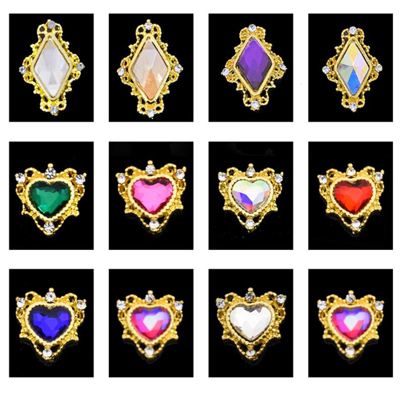 

10pcs/Set 3D Nail Charms Alloy Diamond Rhombus/Love-Heart Shaped Rhinestones For Nail Art Decor Glitter Metal Accessories #JK19