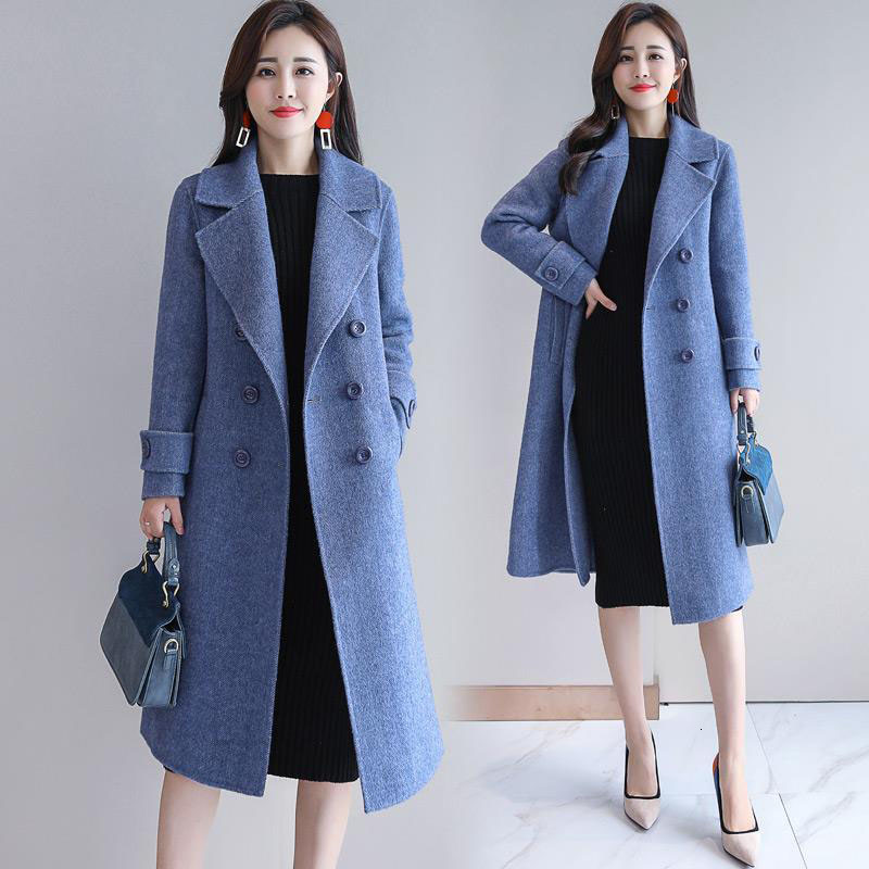 

Female Autumn New Korean Loose Woolen Coats Outerwear Double Breasted Solid Color Wool Jacket R838 E0g5, Blue