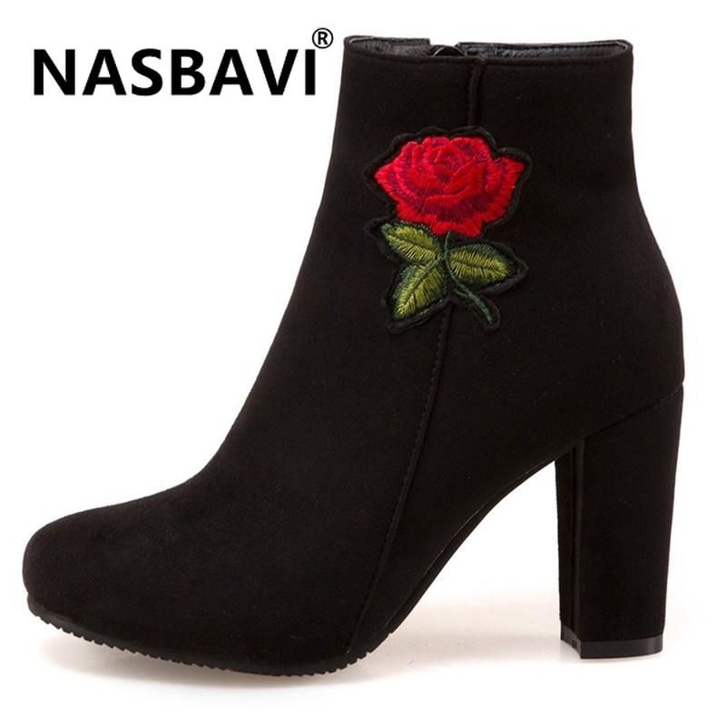 

NASBAVI new fishion Women's booties fashion embroidery warm round head thick heel Suede embroidered zipper ankle boots 2020, Black