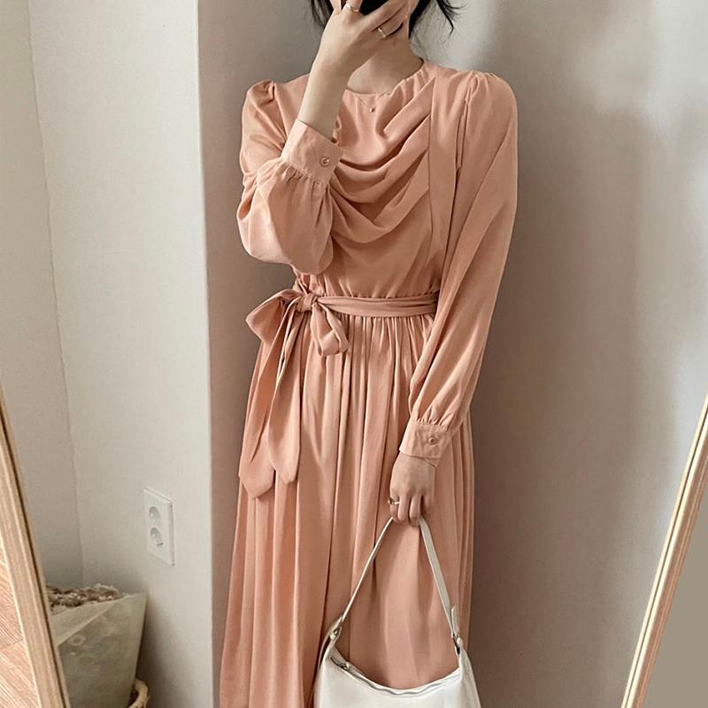 

Casual Dresses Korean Chic Temperament Elegant Lace Up Pleated Pile Collar Pink Dress Women Wild Solid Long Sleeve Chiffon Vestido De Mujer, Black;gray