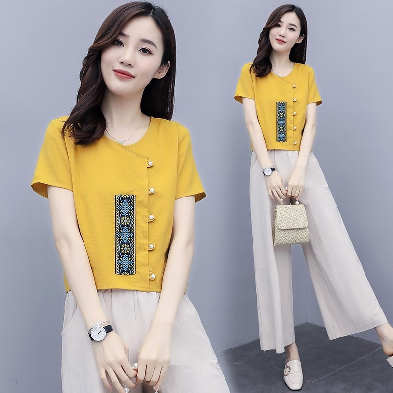 

2021 New Women Elegant Office Fashion Sets Short Sleeve Embroidery Tops+wide Leg Pants Trousers Two Piece Casual Suits Summer Y370 Rxty, Yellow