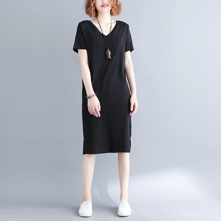 

2021 New Plus Siz Simple Style Summer Comfortable Elegant Straight Cotton V-neck Loose Casual Robe Femme Women Qkrb, Gray