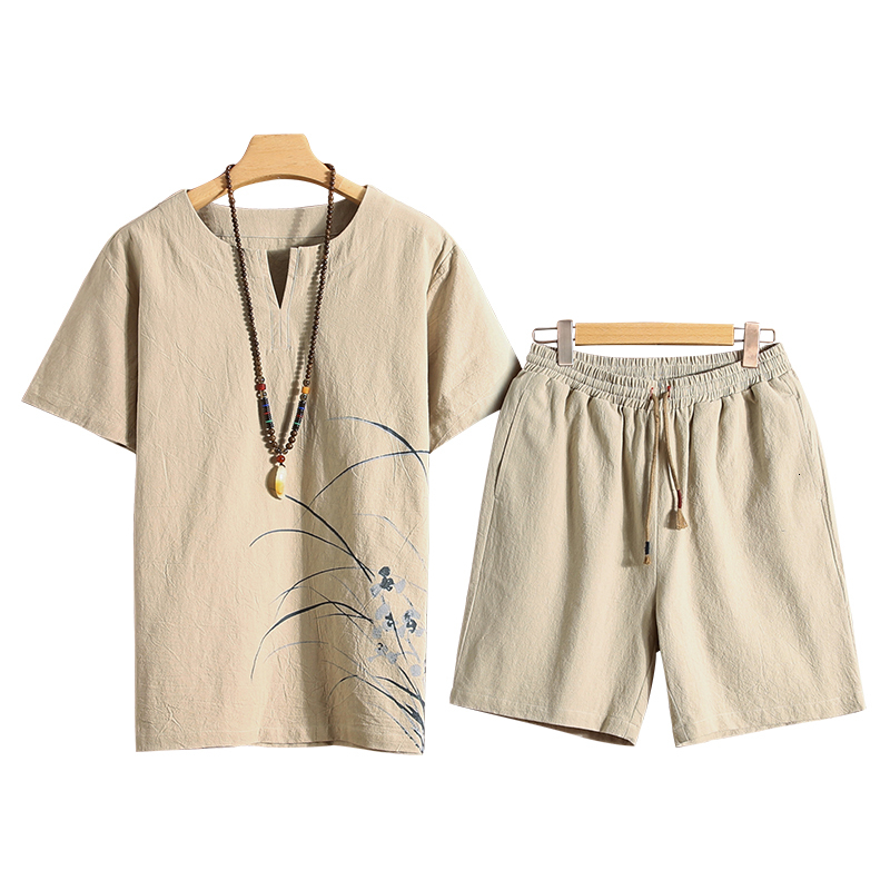 

2021 New Summer Linen Short Sleeve t - Shirt + Shorts Set Solid Breathable Clothes Casual Suit Fashion Men's Sets Iqx1, Pink