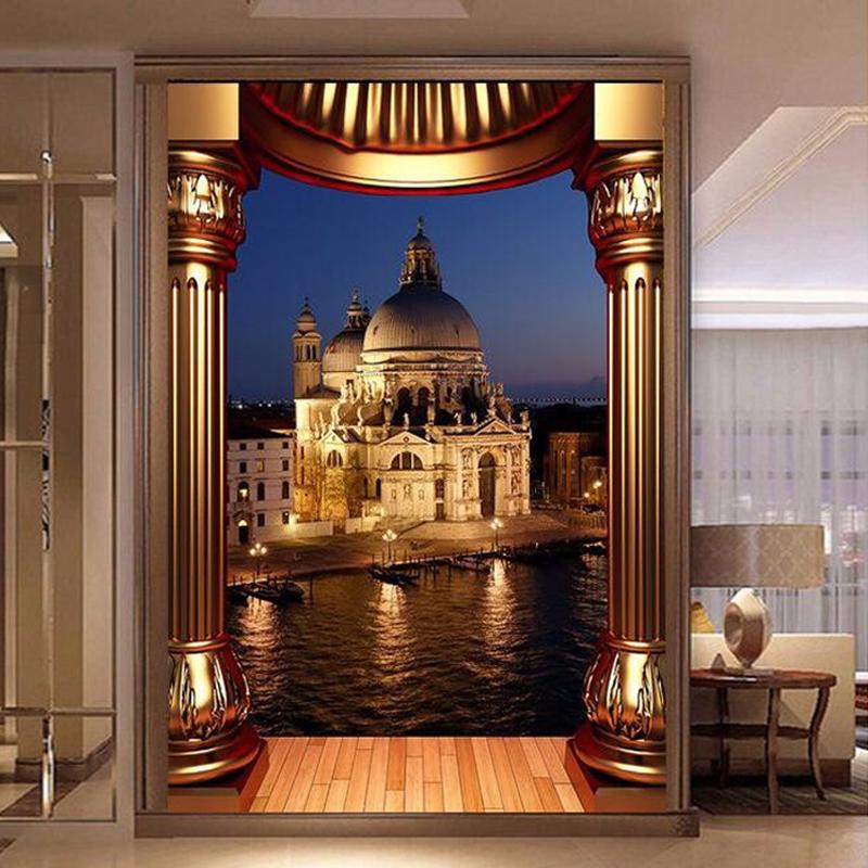 

Custom 3D Photo Wallpaper European Style Castle Night View Living Room Entrance Hallway Art Mural Wallpaper Papel De Parede 3D, As pic