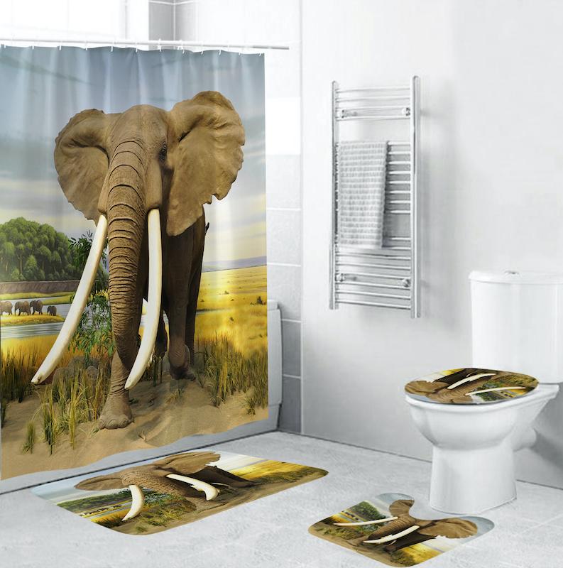

Toilet Seat Cover Bath Mat Shower Set Animal Elephant Printing Toilet Pad Cover Bath Mat Shower Curtain Set For Bathroom Decor