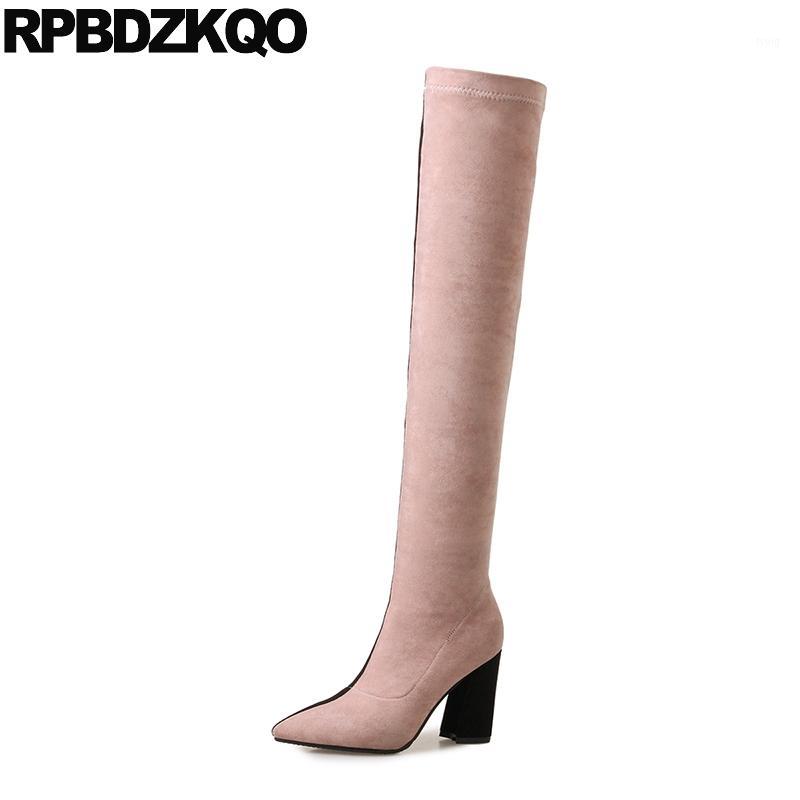 

Long High Heel Suede Slim Thigh Women Boots Slip On Pointed Toe Autumn Shoes Sexy Over The Knee Chunky Quality Patchwork Stretch1, Multi