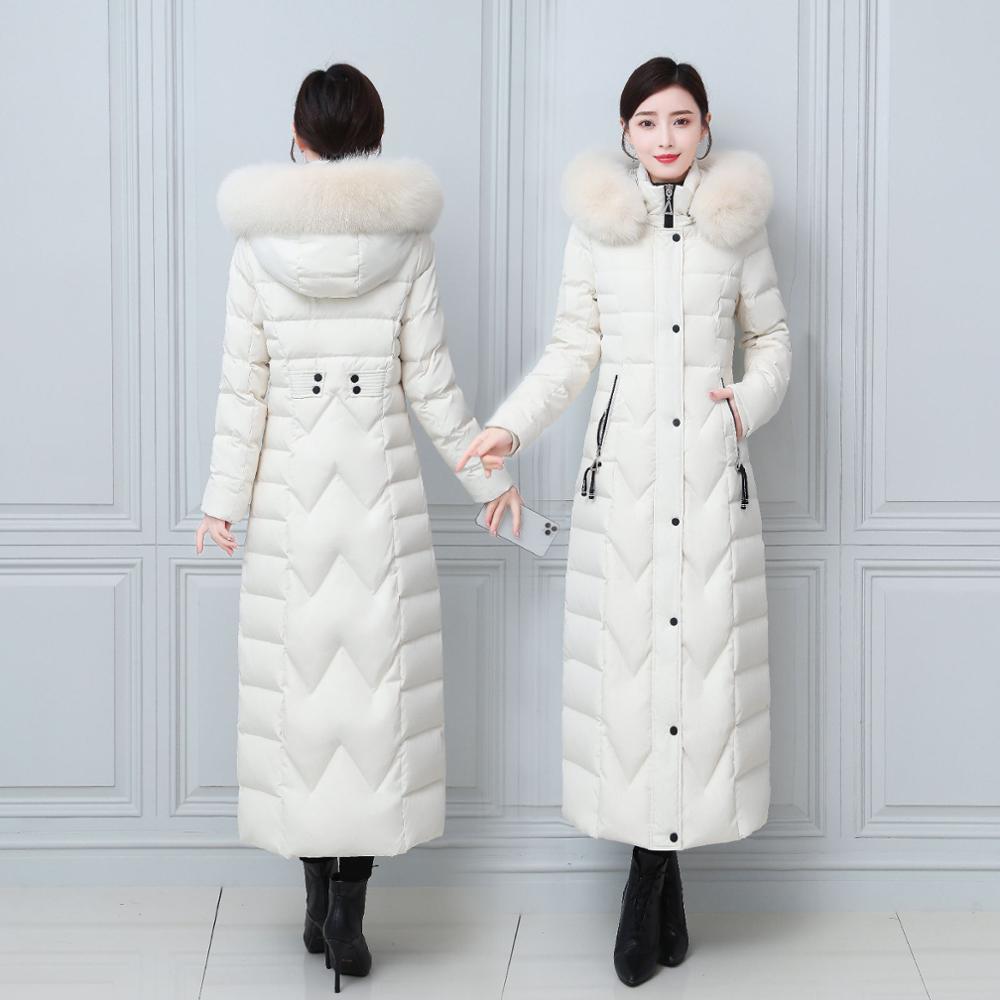

4xl plus size 125cm x-long fox skin women's warmer female down real big leather jacket with hood parkas f2212, White