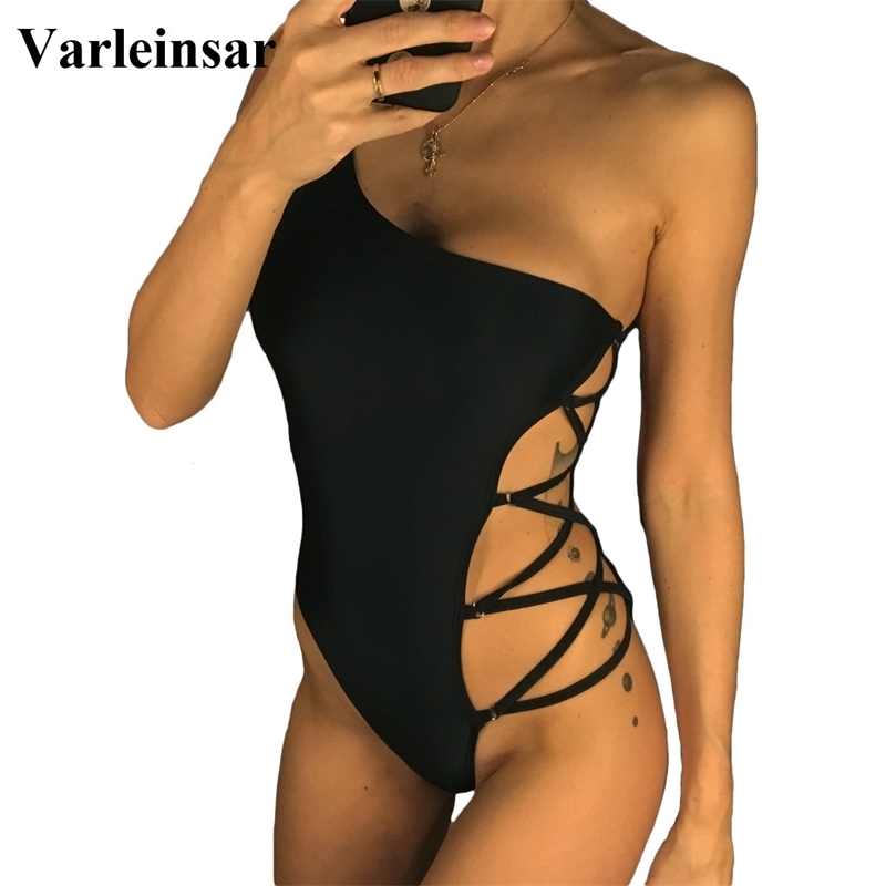 

Black Blue Sexy One Shoulder Lace Up One Piece Swimsuit Women Swimwear Female Bather Bathing Suit Swim Monokini Lady V561 Y200319