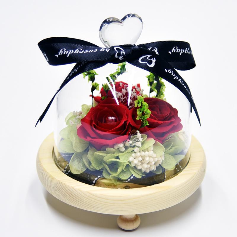 

Eternal Flower Finished Colorful Luminous Glass Cover Diy Gift Box 3 Roses Valentine's Day Wedding Home Decor Artificial Flowers, 1 red