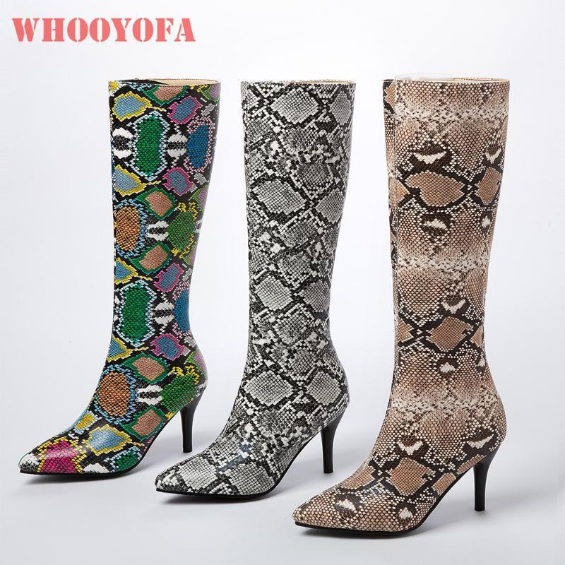 

2020 Winter New Fashion Apricot Black Women Mid Calf Boots Snakeskin High Heels Lady Shoes Plus Small Big Size 12 30 43 45 481