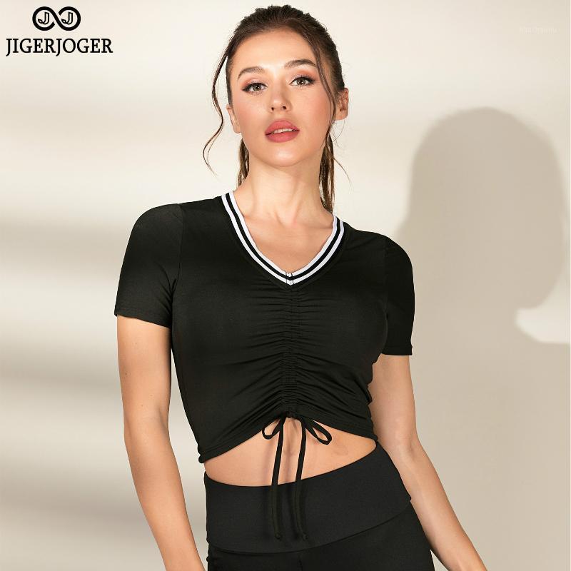 

JIGERJOGER Black women tops Drawstring Scrunch Strappy Sports Vest Yoga Clothes Beauty Back Gym Running Gathered T shirts1