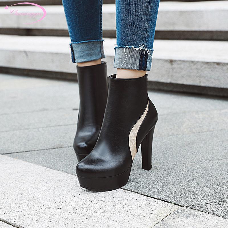 

Party comfortable round toe ankle boots fashion bling zipper platform black white super high heel chunky women's riding boots