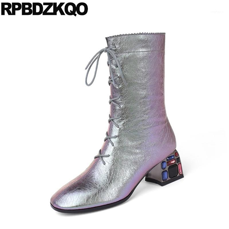 

gray women lace up crystal chunky big size round toe block 10 shoes winter rhinestone plus side zip boots brand 2020 diamond new1