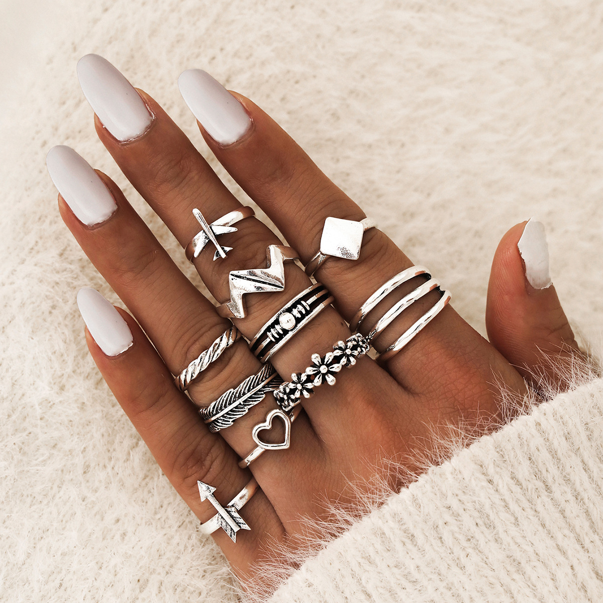 

10 sets/lot Vintage Rings Sets for Women Jewelry Accessories Heart Flowers Stars Finger Ring Female Jewelry Gifts