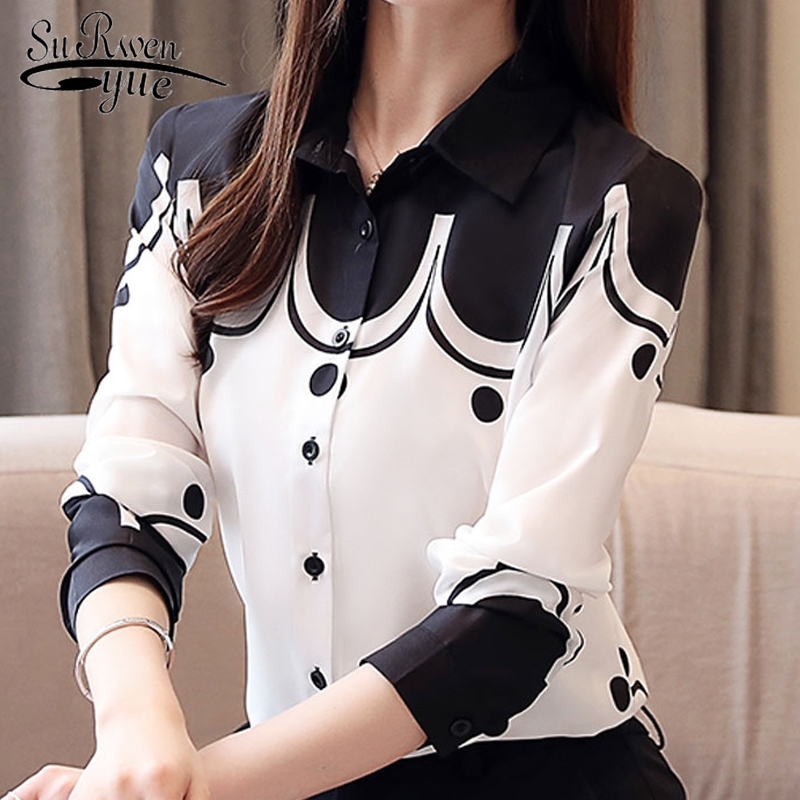 

Fashion Women Casual Printed Women Tops Long Sleeve Turn-down Collar Women Clothing Office Lady Chiffon Blouses 5499 50 201201, Black