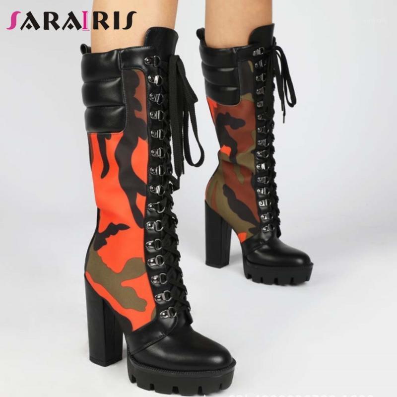 

SARAIRIS Big Size 36-43 Ladies Mixed Colors Mature Boots Mid Calf Boots Women Platform Chunky High Heels shoelace Shoes Woman1, Black