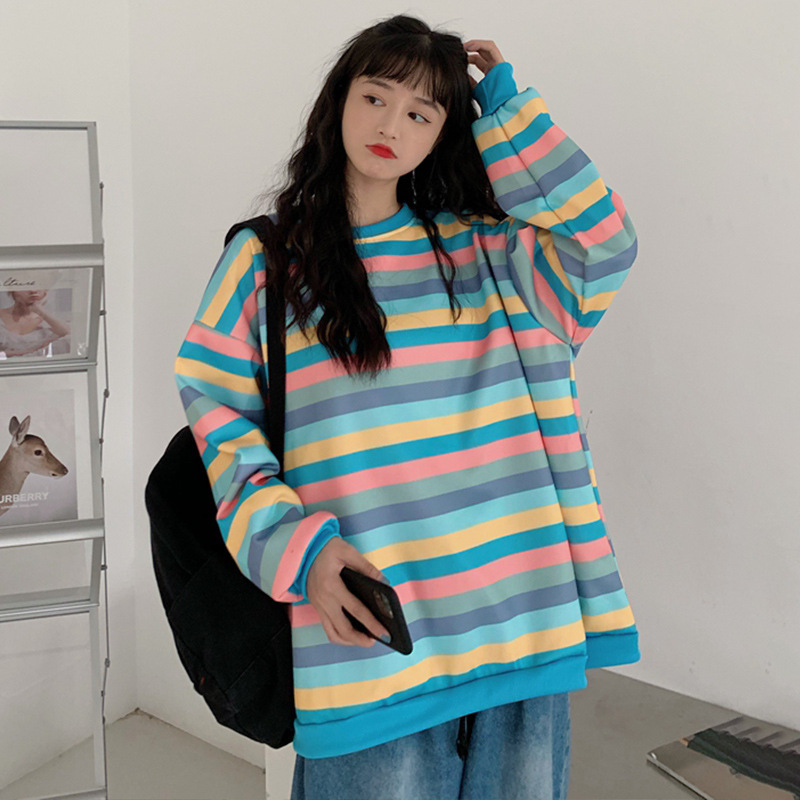 

Striped crew neck sweater women's loose and Plush thickened personality lazy style versatile super fire Fashion Top 7HX0, Rxd279 (hoodless) rainbow