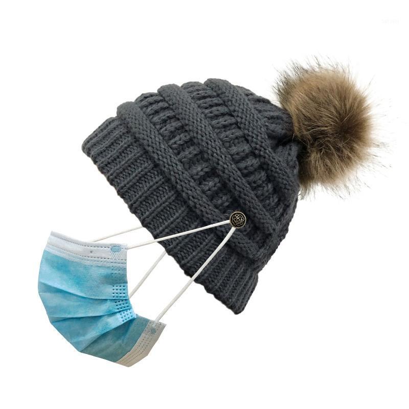 

Women Winter Knit Solid Color Beanie Cap with Detachable Side Buttons Pompom Hollow Out Criss Cross Skull Cap1