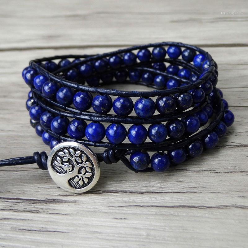 

Tennis Navy Blue Beads Bracelet Boho Leather Wrap Lapis Lazuli Yoga Jewelry Natural Stone1