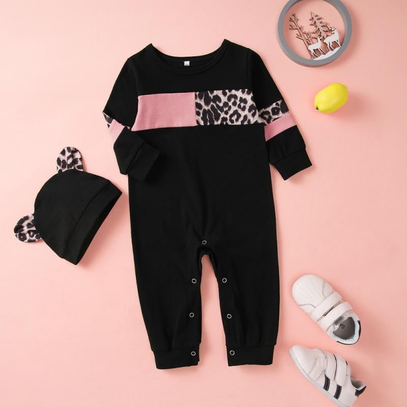 

Long Sleeved Romper +Hat Baby Rompers Newborn Baby Girls Boys Clothes Cotton Long Sleeves Pajamas Patchwork Baby's Sets, Black