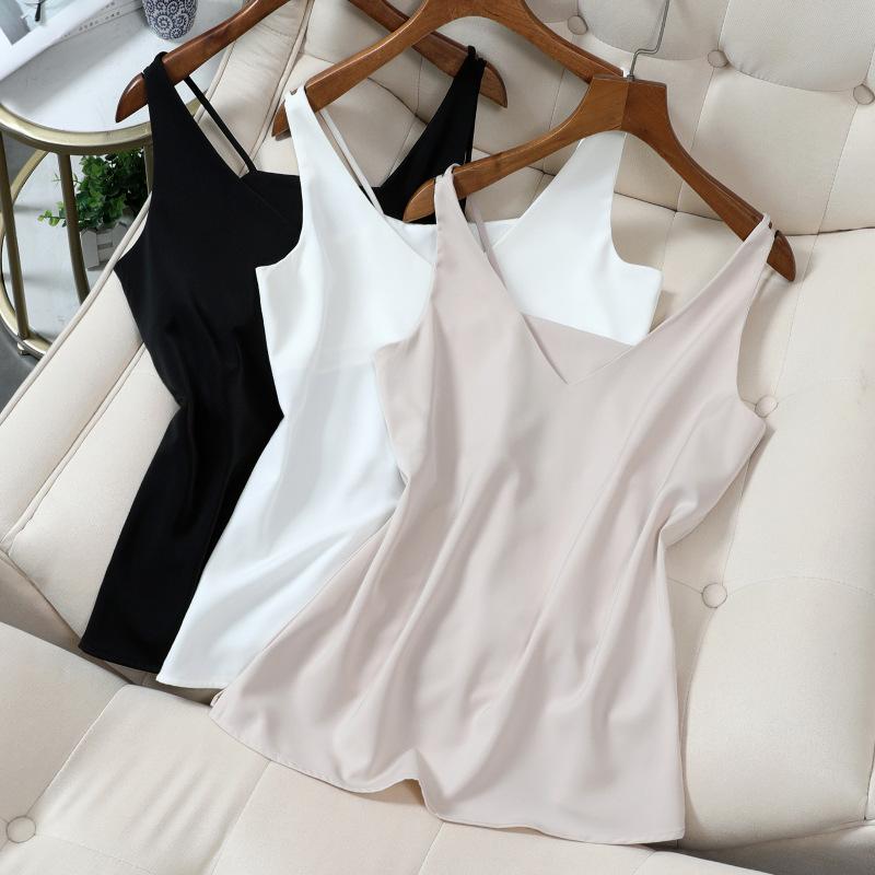 

Spaghetti Strap Top Women Halter V Neck Basic White Cami Sleeveless Satin Silk Tank Tops Women'S Summer Camisole Plus Size 5XL, Champagne