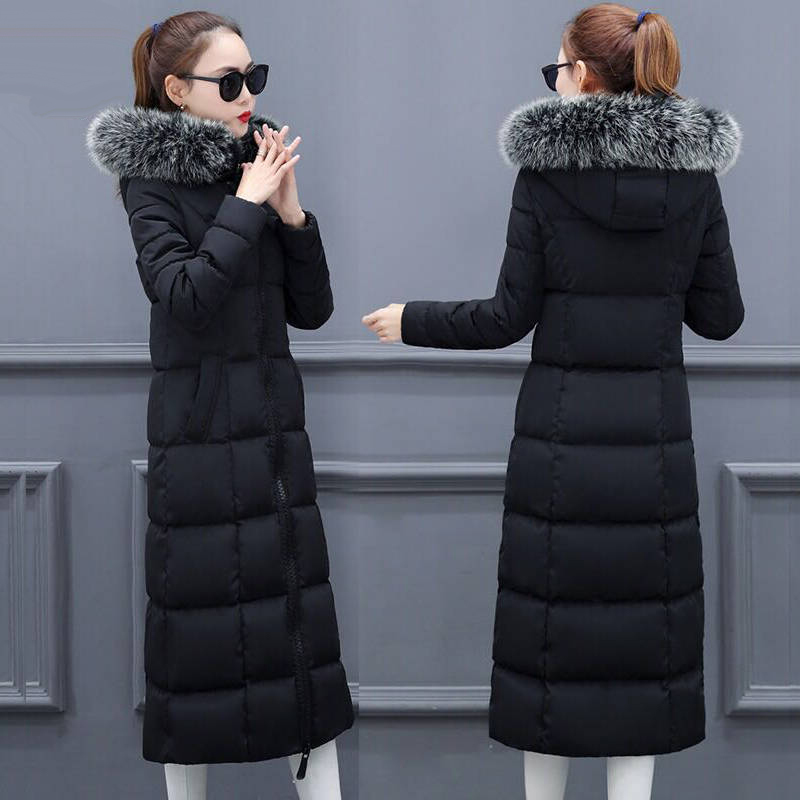 

New Parka 2020 Winter of Women Long Casual Cotton Coats with Warm Leather Hood Parkas Women's Coat 25up, Black 2
