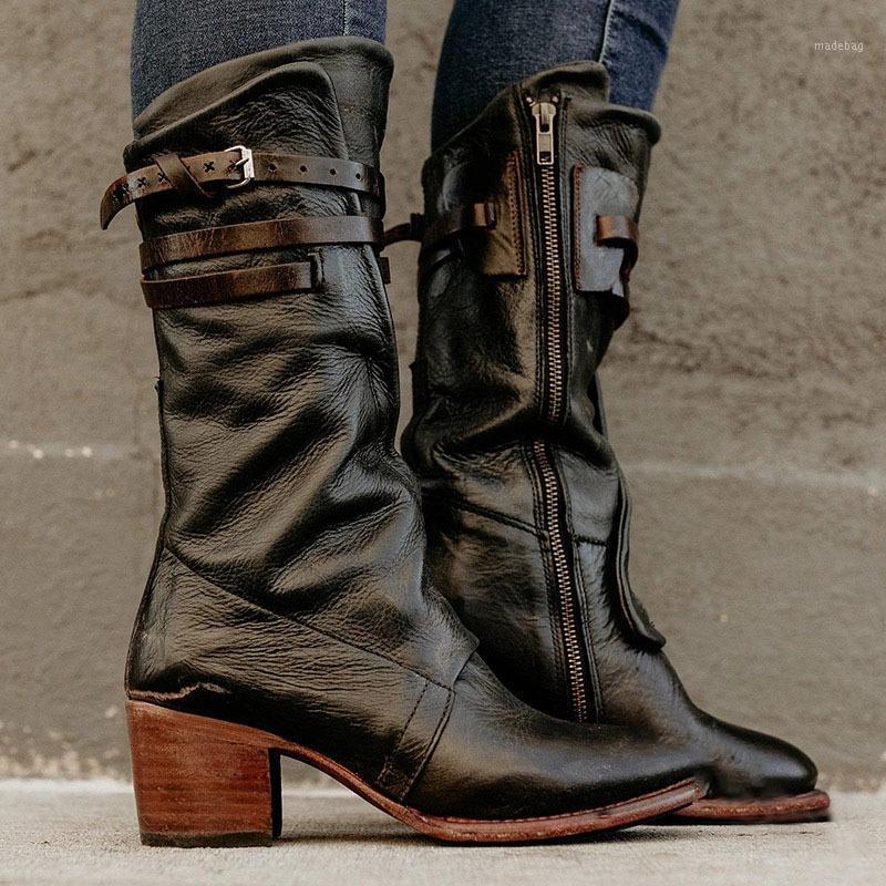 

2020 fashionable and popular autumn winter new European and American style round head long tube side zipper high thick heel wome1, Black