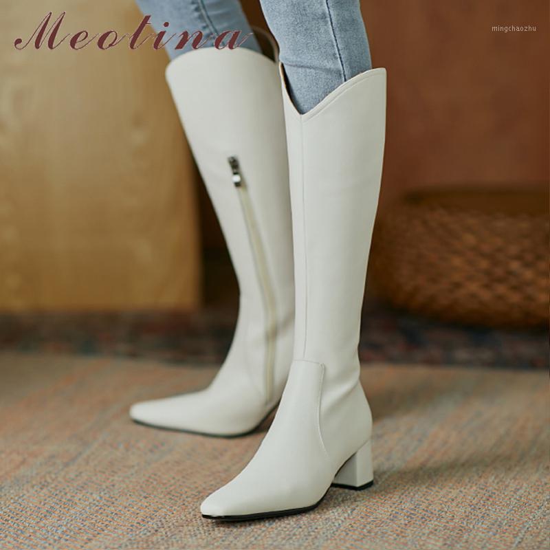 

Meotina Square Toe Knee High Boots Woman High Heel Western Boots Block Heel Long Zipper Ladies Shoes Autumn Winter Size 401, Beige velvet lining