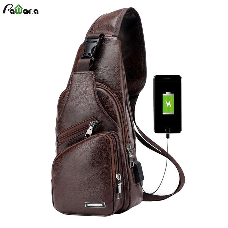 

PU Leather Outdoor Tactical New Shoulder Bag Men's Charging bag USB Chest Waist Pack Diagonal package, Black