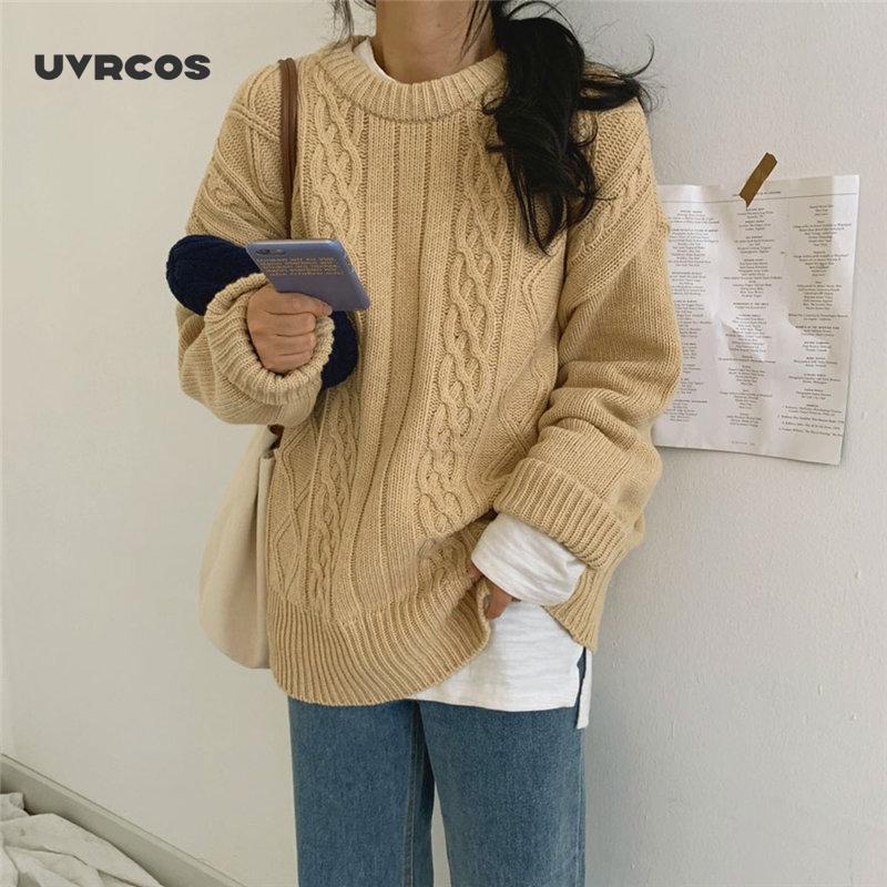 

UVRCOS 2020 Cute Twisted Gentle Mohair Thick Winter Women Loose Chic Brief Pullovers High Waist All Match Knitted Sweaters, Green