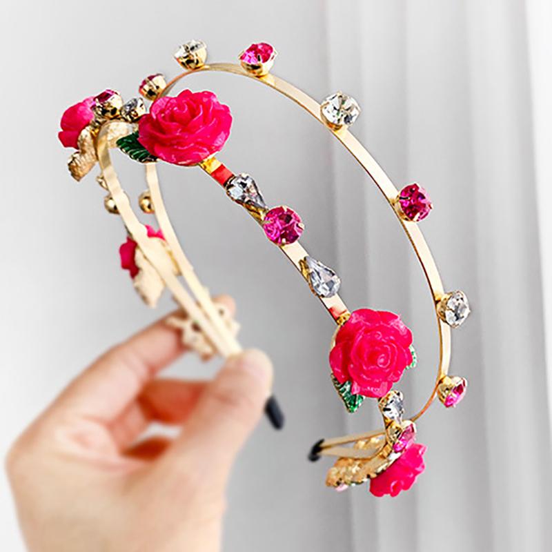 

ZHINI New Women Rose Flower Headband With Ribbon Wreath Wedding Party Jewelry Fashion Zircon Gold Color Haribead Hair Accessorie