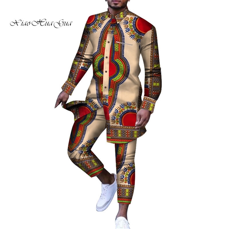 

Men Outfit African Print Dashiki for Men Casual Top Tee Shirts and Trousers Pant Set Plus Size African Clothing Men Set WYN778 201109