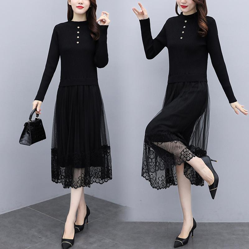 

autumn Winter New Turtleneck Sweater Maxi Dress Women Lace Up Knitted Long sleeve Dress Female Knitwear Soft Mesh lace hollow, Black
