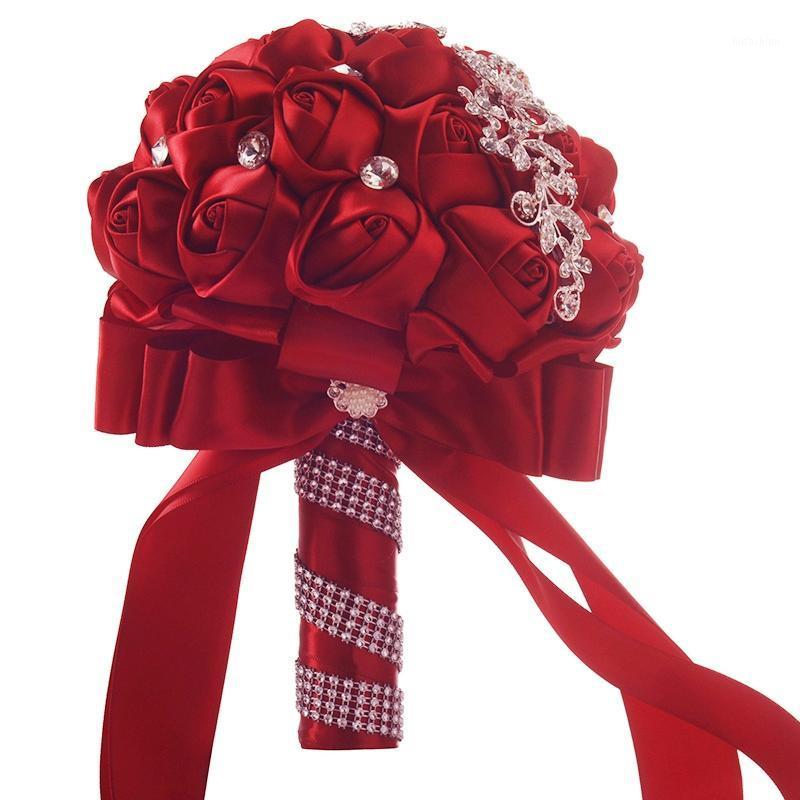 

Handmade Luxurious Crystal Pearl Silk Roses Holding Flower Bride Bouquets Silk Bridal Wedding Bouquets1, Red