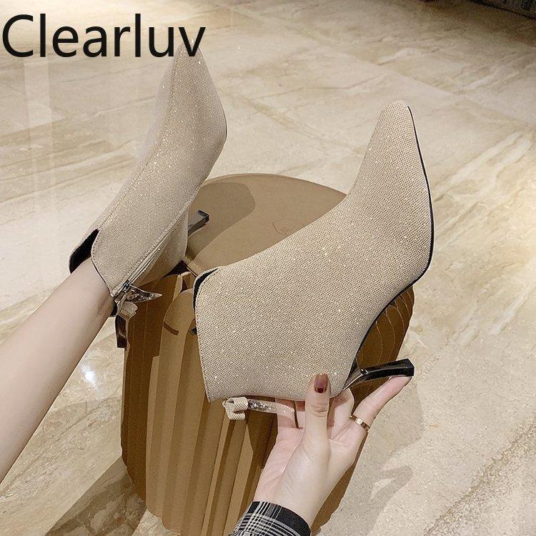 

2021 New Spring and Autumn Solid Color Ankle Boots High Heel Knitted Women's Boots Fashion Crystal Glitter Socks High 7cm, Black