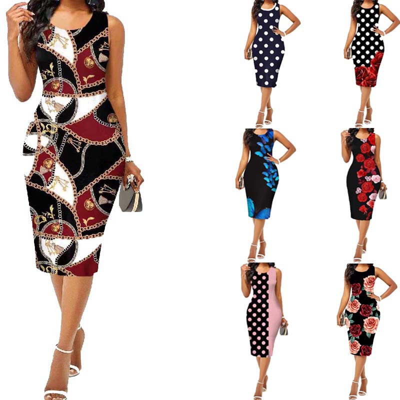 

Women's 2022 Spring/Summer New Fashion Women's Clothing Sleeveless Sheath Print Dress, Black;gray