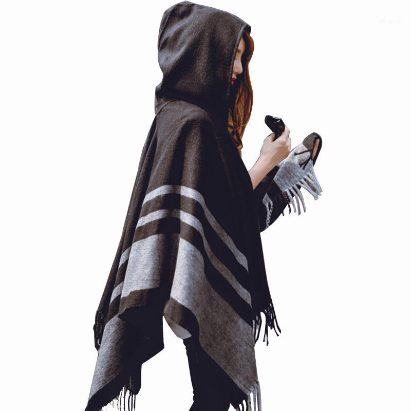 

2020 Fashion Tassel Women's Poncho Hooded Striped Winter Scarves For Women Knitted Warm Scarf Shawls Female Cape Cloak1, Blue;gray