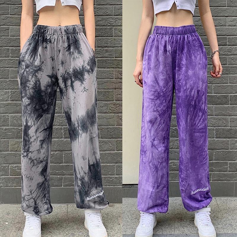 

Tie Dye Letter Embroidery Loose Casual Sweat Pants Women High Waist Joggers Harajuku Hip Hop Trouser, Purple