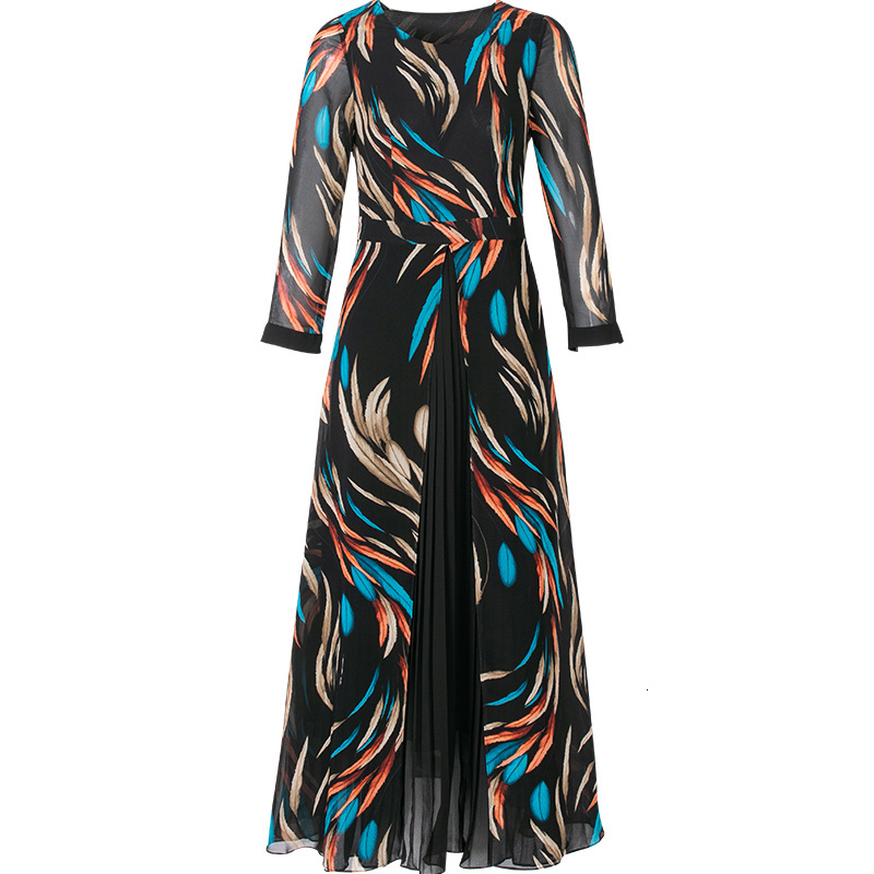 

New Spring Fashion Three Quarters Printed Long Chiffon Dress Women 4yyz, Black