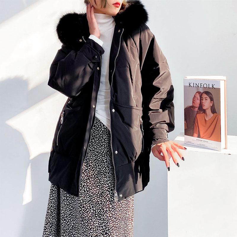 

Winter New Long Fashion Womens Down Jacket Zipper Fur Collar 90% White Duck Down Coat Clothes, Black