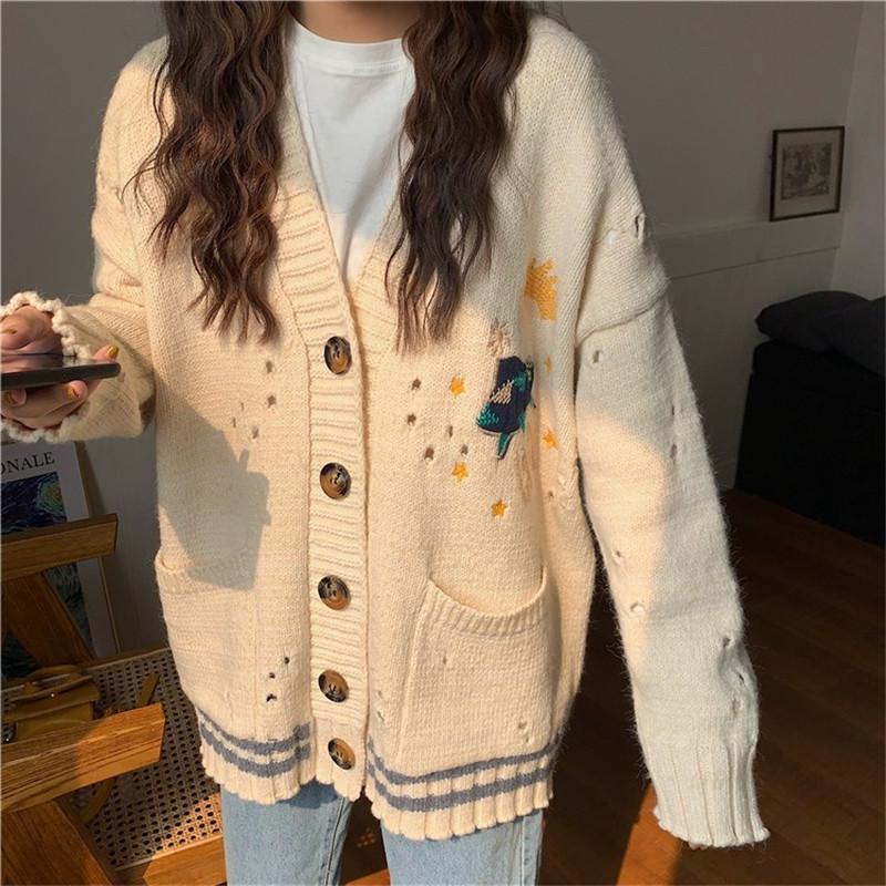 

Embroidery Loose Sweater V Neck Korean Cardigan Knitting Long Sleeves Sweaters Coat Autumn New Knit Female Women Jacket, Blue