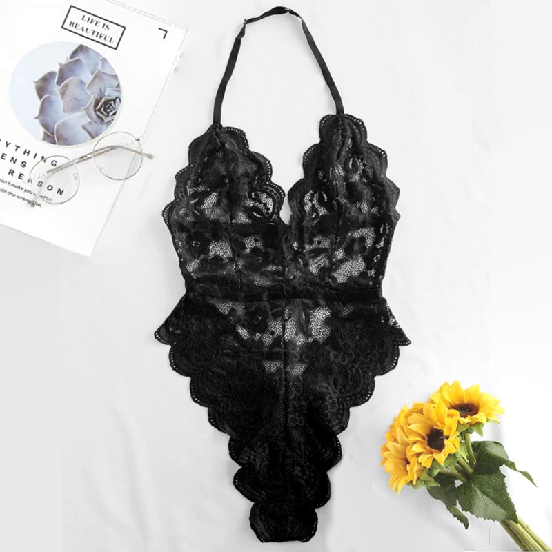 Teddies Babydoll Underwear 5 Colors Sexy Hollow Lingerie Women Bra Lace Deep V Erotic Halter Open Perspective Conjoined underwea Y1230-image-633958816