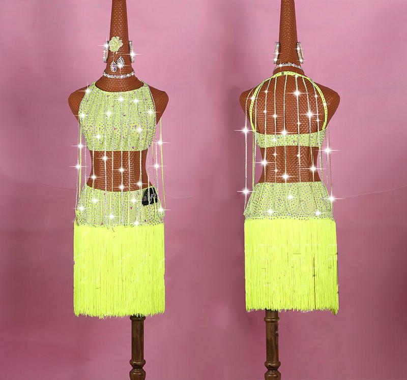 

New Latin Dance Dress Women Professional Fringed Skirt Whole Body Rhinestones Dazzling Ballroom Competition Clothes, Yellow