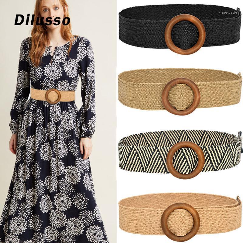 

Belts Vintage Boho Braided Waist Belt Summer Solid Female Round Wooden Smooth Buckle Fake Straw Wide For Women, Black;brown