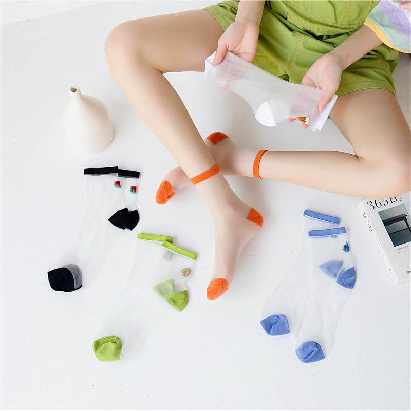 

Thin Transparent Mesh Funny Socks Cute Embroidery Fruit Watermelon Avocado Ice Cream Glass Lace Silk Socks Women Harajuku Sokken, Orange socks