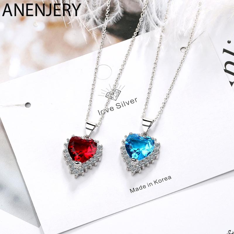 

ANENJERY Classic Blue Red Heart Shaped Pendant Necklaces For Women Silver Color Zircon Chain Necklace S-N438