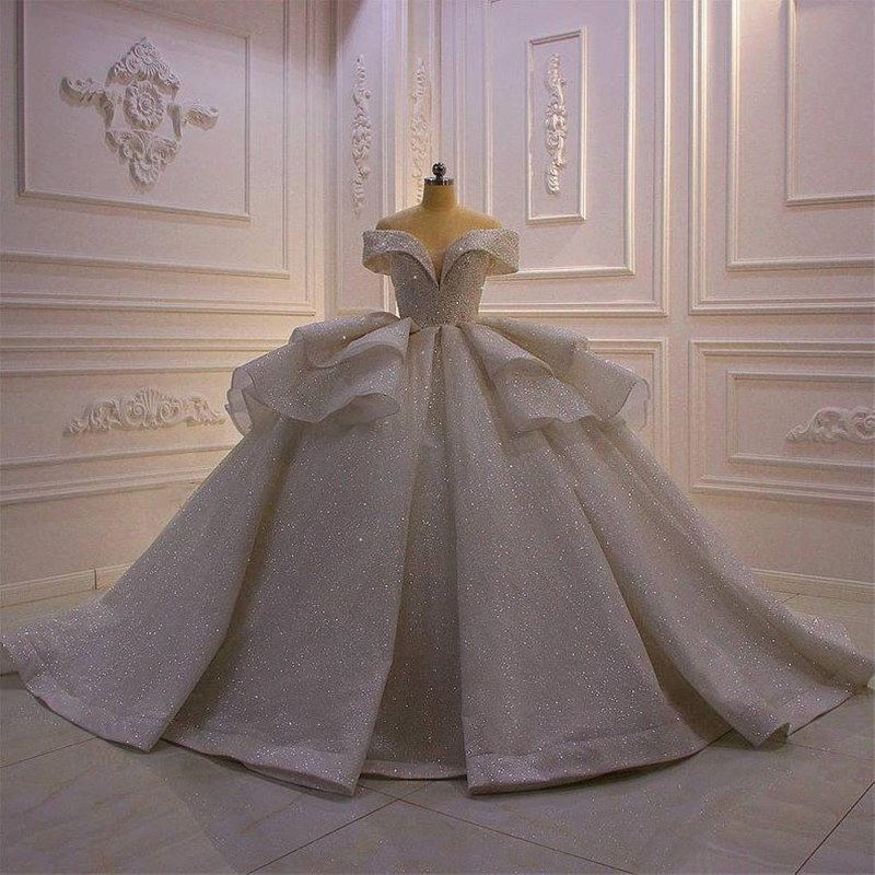 

Elegant off shoulder sleeveless Ball Gown Wedding Dresses 2021 Luxy Stunning glitter layer gown Vestido de Novia Bridal Gowns, White