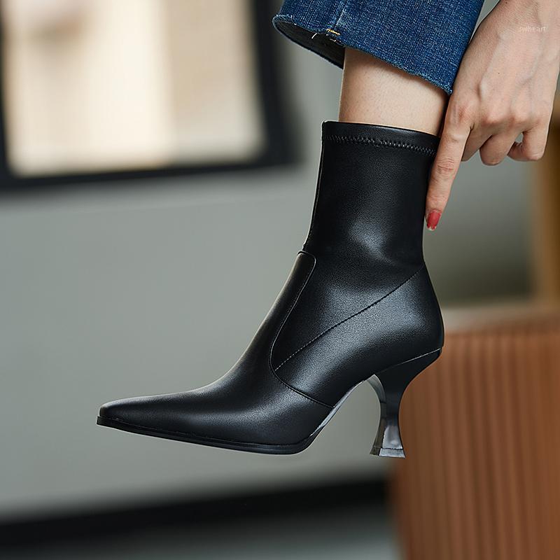 

Elegant Autumn And Winter Shoes For Women Genuine Leather High Heels Boots slion -on ladies Wedding Ankle Boots size 41 42 431, Black