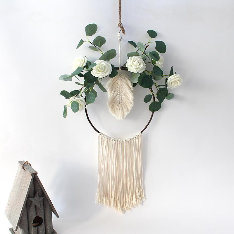 

Macrame Plant Hanger Handmade Rose Flower with Eucalyptus Leaves Wreath Decor Cotton Rope Wall Hangings, 01